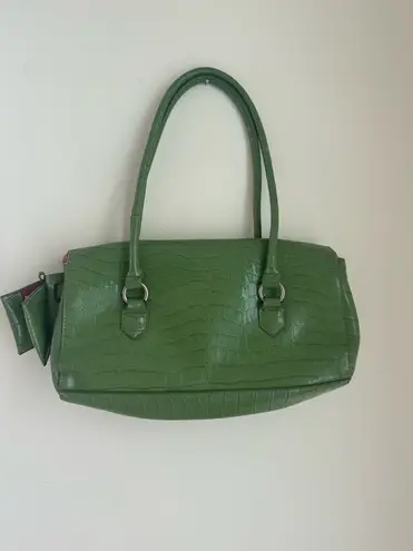 Green alligator print leather shoulder bag and matching wallet