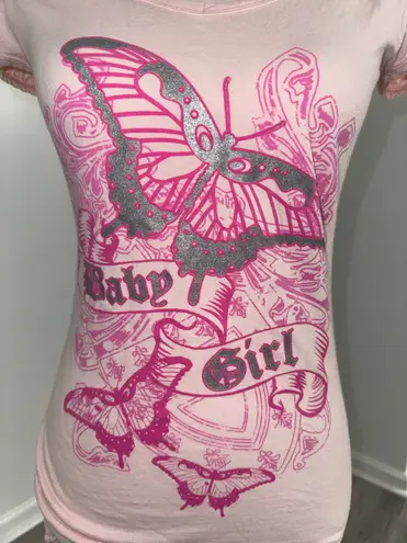 Common Threads Y2K Baby Girl Pink Butterfly Tattoo Tee M Side Ruched Vintage