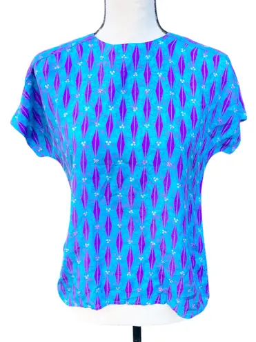 Petite Sophisticate Vintage 80s 90s Teal Purple Diamond Silk Cap Sleeve Blouse P