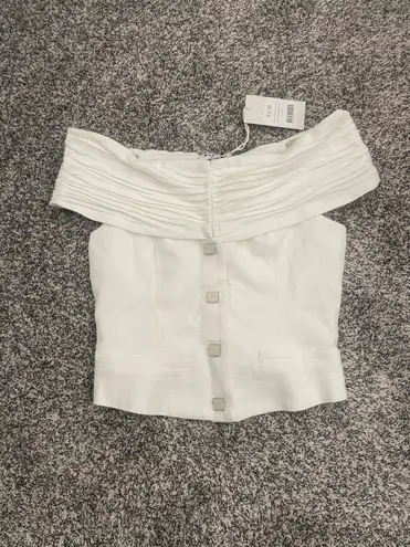 NA-KD Linen Blend Off-Shoulder White Buttoned Top