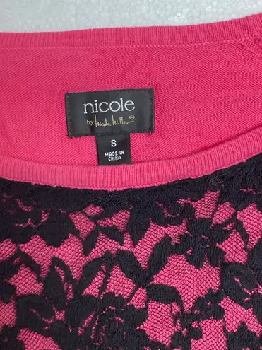 Nicole Miller Nicole By  Pink 3/4 Sleeve Pullover Sweater Black Lace Roses Small