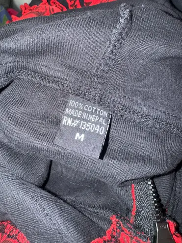 Nepal Hoodie M Black Red Floral Appliqué Patchwork Zip Cotton Festival Boho Size M