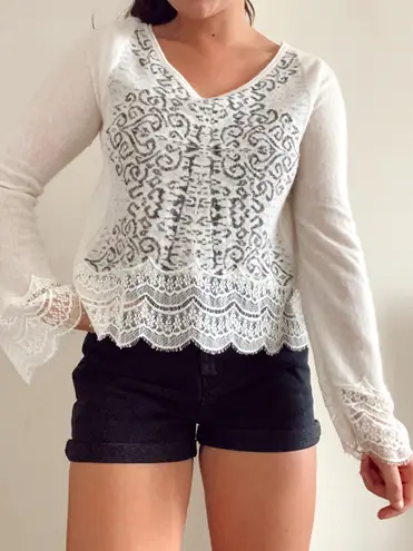 Free People Cream & Black Print Long Sleeve Sweater With Lace Hem Bell Sleeves