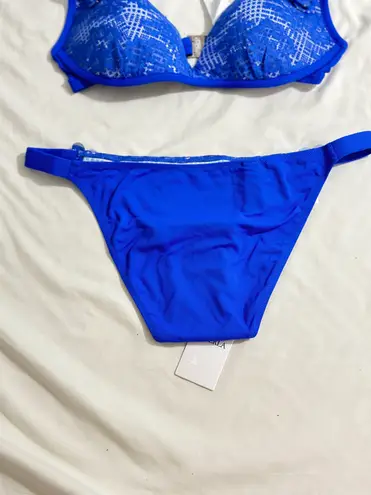La Perla NWT Royal Blue Lace Crystal Flower Padded push up Bikini set/xs