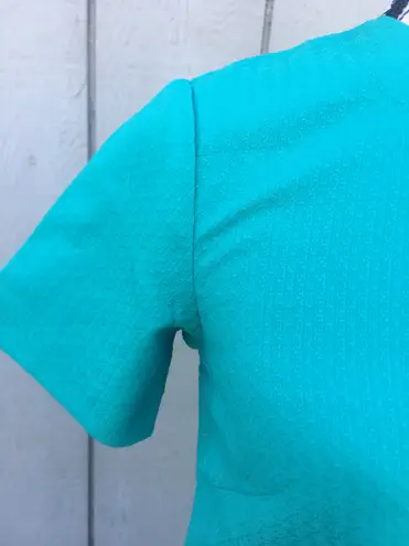 Vintage Handmade 60s Short Sleeve Shift Dress Textured Polyester Hign Neck Mod S Blue