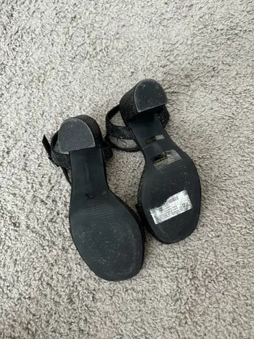 De Blossom Collection Black Rhinestone Ankle Strap Block Heels