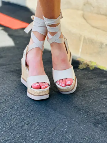 Soda Nude Lace Up Wedge 