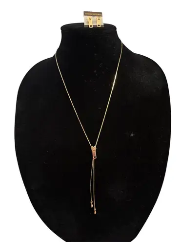 Zipper Lariat Bolo Style Necklace With Matching Earrings Gold