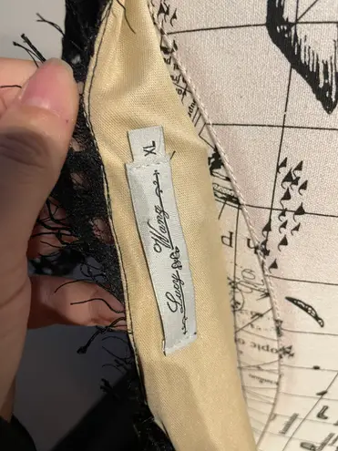 Lucy Wang Fay Eyelash Lace Taffeta Pleated Skater structured skirt Short Sleeve V-Neck Dress Sz XL