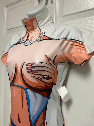 Jireh Body Art Print Turtleneck Short Sleeve Bodycon Mini Dress