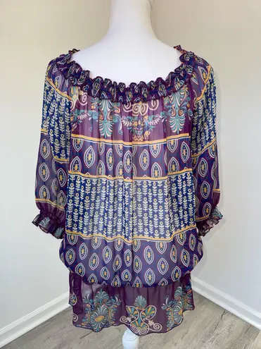 Say What? VTG Say What? Boho Sheer Peasant Blouse Purple Paisley Print Ruffle Neck Size L