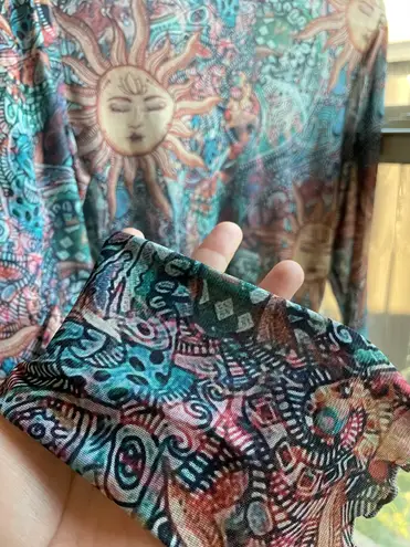 Womens juniors sun print celestial boho mesh long sleeve top Multiple Size L
