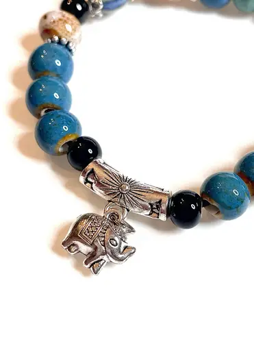 Elephant Bracelet Blue Silver Black Boho Ceramic Elastic Stretchy