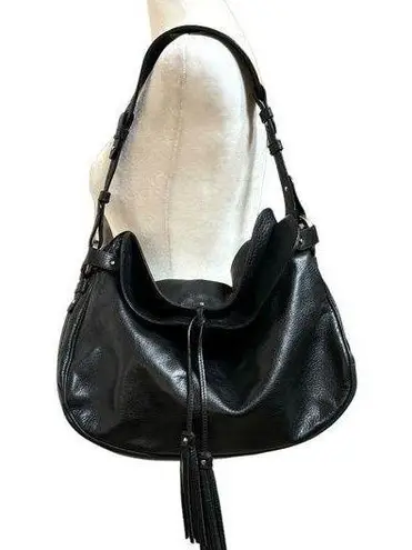 BALLY black leather hobo, tassel tieclosure, made in Italy