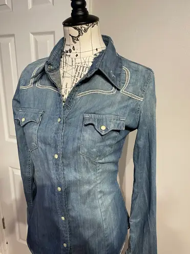 True Religion Vintage Y2k Western Cowgirl Chambray Jean shirt raw distressed Embroidered Fit Flare casual Dress