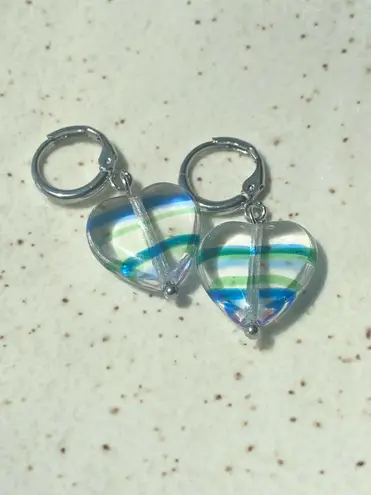 Handmade retro vintage fairy whimsical style quality Czech glass heart beads dangle earrings🩵