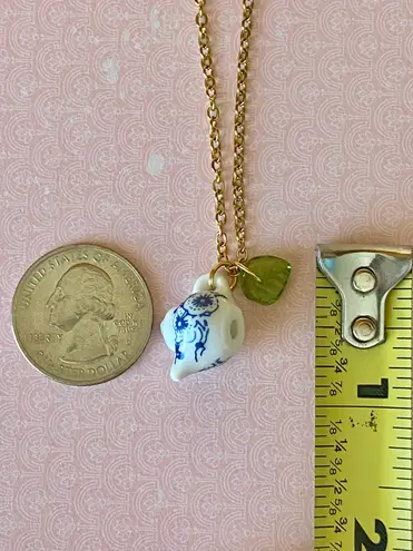 Handmade porcelain tea pot & leaf unique fun fairy antique style necklace🫖🍃🌀