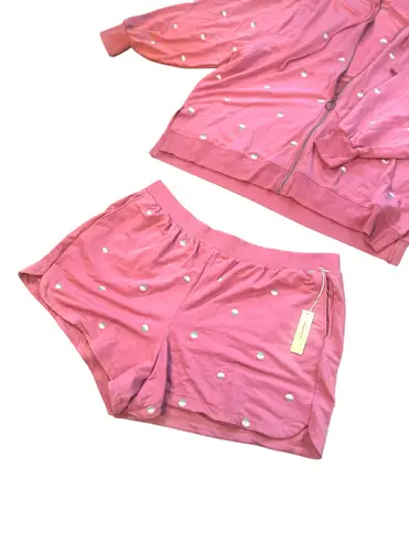 Summersalt NWT! Coral Pink Embroidered Floral Softest French Terry Zip Up Puff Sleeve Hooded Sweatshirt & Shorts Set