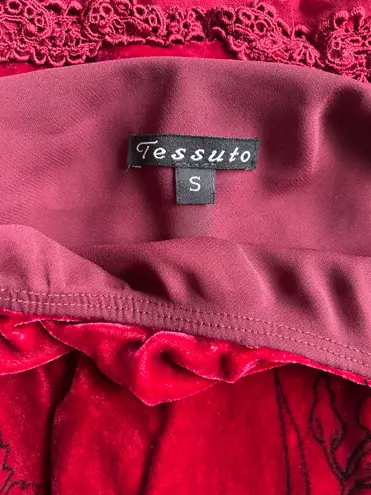 Tessuto Vintage Ruby Silk Velour Floral Knit Ruffled Elastic Waist Midi Skirt Red