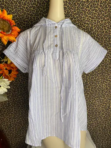 Doe & Rae ✅3/$30✅ NWT White/Blue Stripe Short Sleeved Cotton Hooded Top | SMALL |
