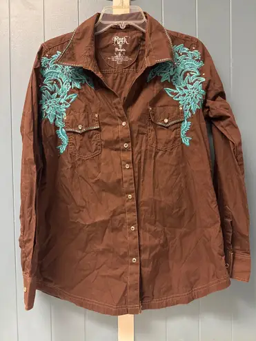 Rock 47 by Wrangler Womens Brown Western Shirt Turquoise Floral Embroidery L Size L