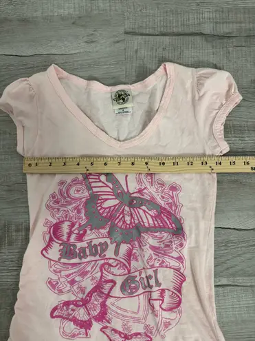 Common Threads Y2K Baby Girl Pink Butterfly Tattoo Tee M Side Ruched Vintage