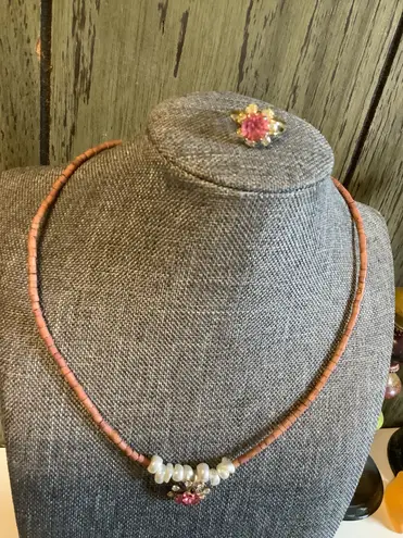 Handmade Pink Sparkle Pendant White Fresh Water Pearl Choker Set / Vintage Ring