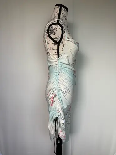 Miaou Helga passport print asymmetrical hem sheath dress size S small Blue