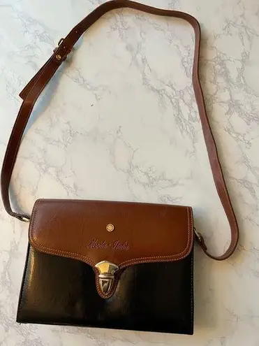 Moda BROWN/BLK LEATHER WOMEN'S SHOULDER PURSE HANDBAG BY ITALIA