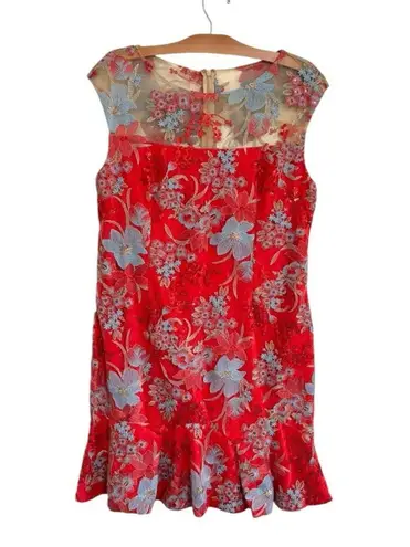 Boston Proper Red Floral Embroidered Midi Dress Flared Hem Sz 18 Mesh Overlay