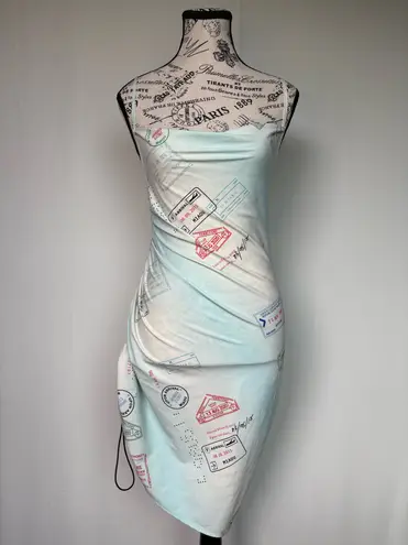 Miaou Helga passport print asymmetrical hem sheath dress size S small Blue