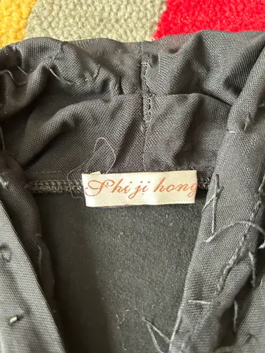 y2k 90’s style Vintage Retro Black Stretch Dressy Floral Sequin Long Sleeve Top