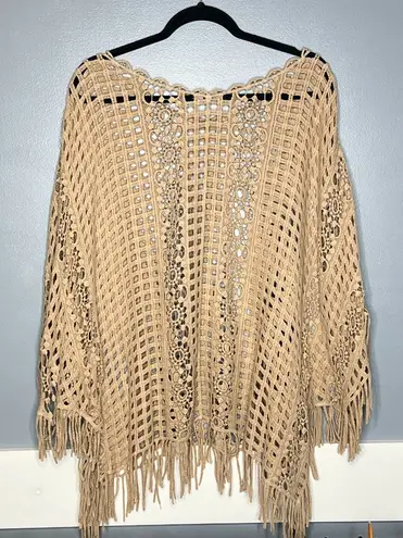 Boston Proper Crochet Fringe Poncho Top Boho Beachy Resort Vacation Layering S/M