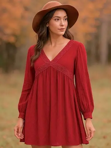 Suzanne Betro Boho Lace Trim Dress Red Textured Long Sleeve Size Large