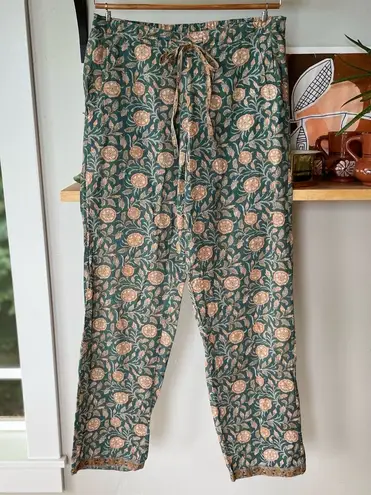 Natura Green Peach Floral Boho Print Cotton Pajama Pants Size Medium