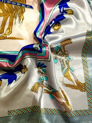 Horse Print Scarf PINK, gray & BLUE EQUESTRIAN PRINT SQUAR SILKy SCARF 35/35 Multiple