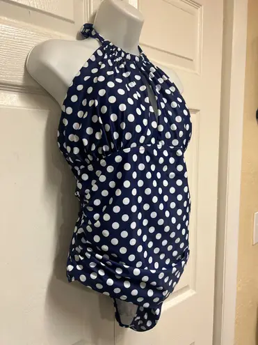 B2Pity B2Prity Navy Backless Halter Style Polka Dot Tummy Control Swimsuit