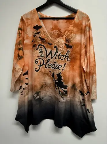 One World Halloween Top Womens Plus Size 2X Witch Orange 3/4 Sleeve V-neck Knit