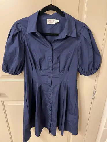 Eliza J Navy Button Down Puff Sleeve Dress