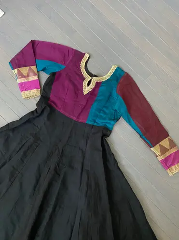 Women Long Anarkali Kurti Black And Multi Color Indian Wedding Dress S