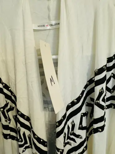 Vocal Cross Rhinestone Fringe Open Front Long Vest White M