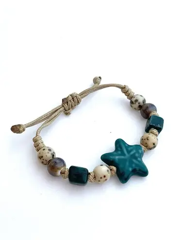 Star fish Bracelet blue teal cream brown ceramic Beads Adjustable X
