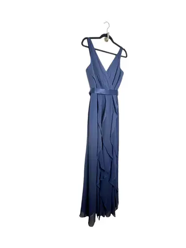 Vera Wang White by  V-Neck Wrapped Bodice Dress with Satin Belt in Navy Size 8