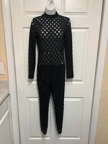 Black Hollow Cut Out Long Sleeves Patchwork Skinny Jumpsuit