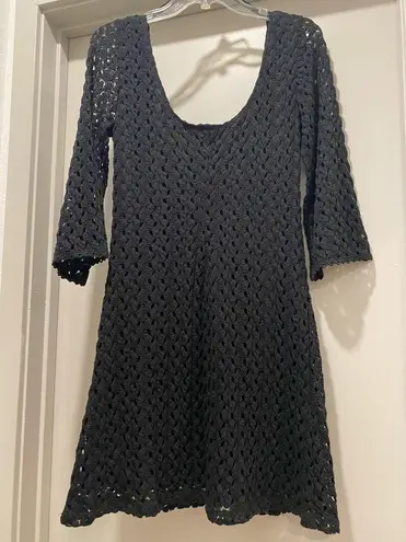 AUW Black Boho Bohemian Hippie Retro 1960s Crochet Lace Dress With Bell Sleeves