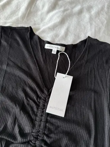 Antistar Grey Shirring Tie Detail Rib Knit Crop Top