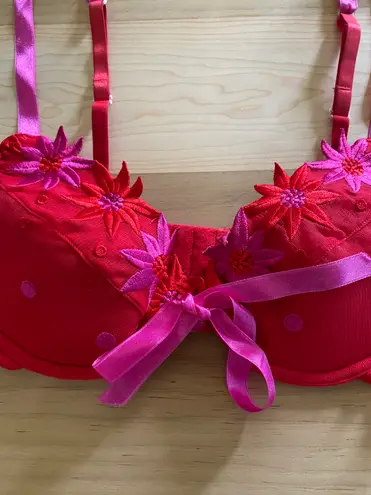 Frederick's of Hollywood Fredrick’s Of Hollywood Red And Pink Floral Ribbon Front Bra Size 36C