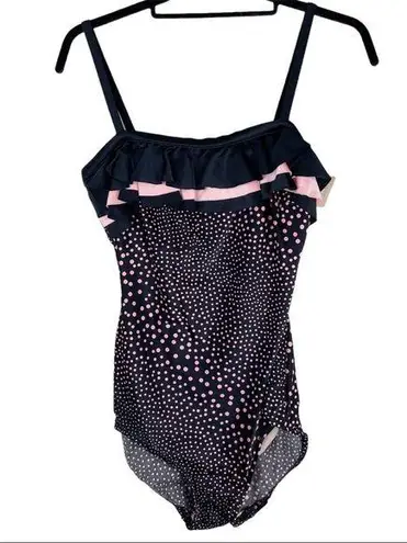 NWT Vintage Robby Len Y2K Polka Dot Ruffle One Piece Swimsuit Sz 14 Pin Up Style Black