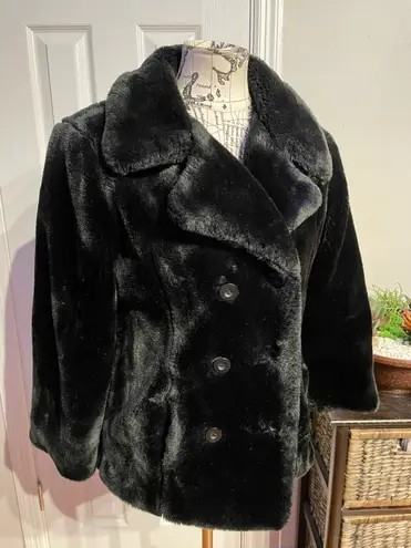 Vintage Faux Fur Double Breast wrap collar crop blazer Teddy Shearling Fuzzy Sherpa Puffy Varsity winter warm rave Black