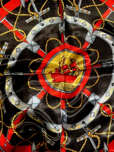 Vintage Square Sailing BOAT,WHEEL&Anchor 35/35 Oversized RED /BLACK Silky SCARF Multiple